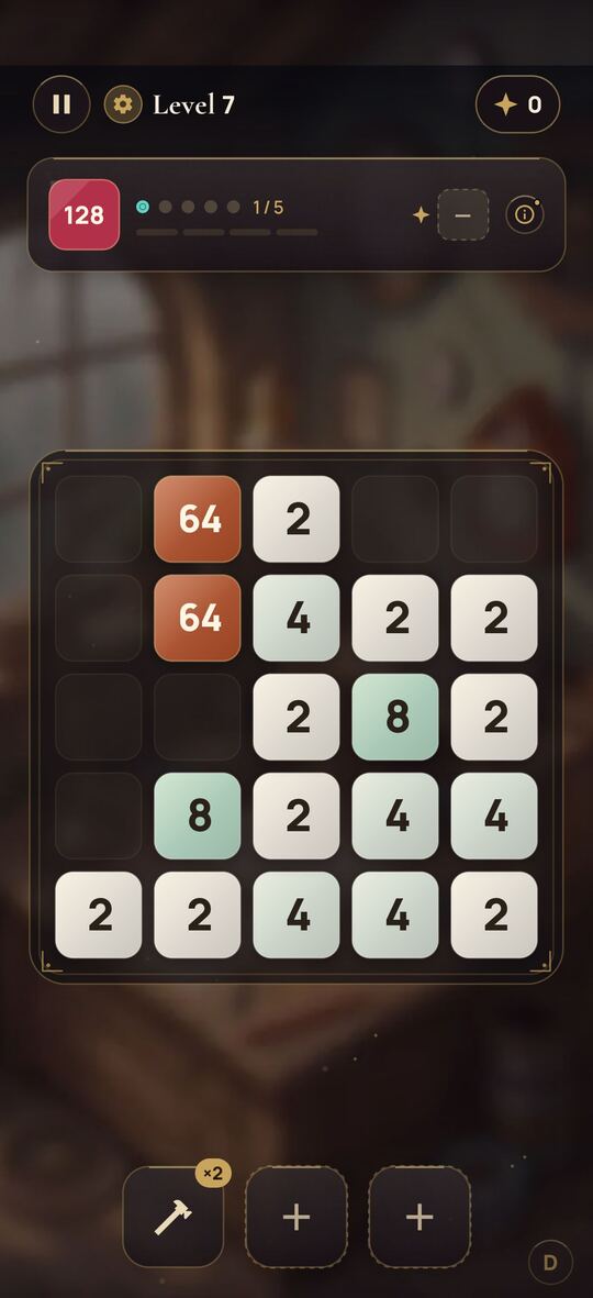 Level 7 in progress: a five by five board with tiles from 2 to 64, a wave goal of 128 and booster slots below